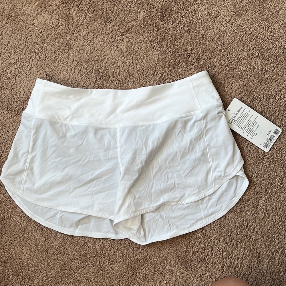 Lululemon White Speed Up Shorts, size 10. New, never worn, with tags.